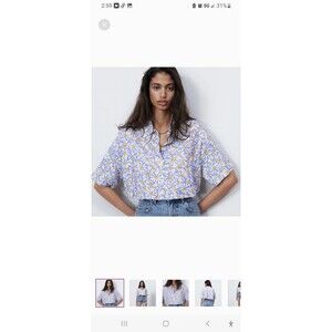 NWOT Ladies Zara Blue W/Daisy's Cropped Oversized SS Button Down Shirt Size S
